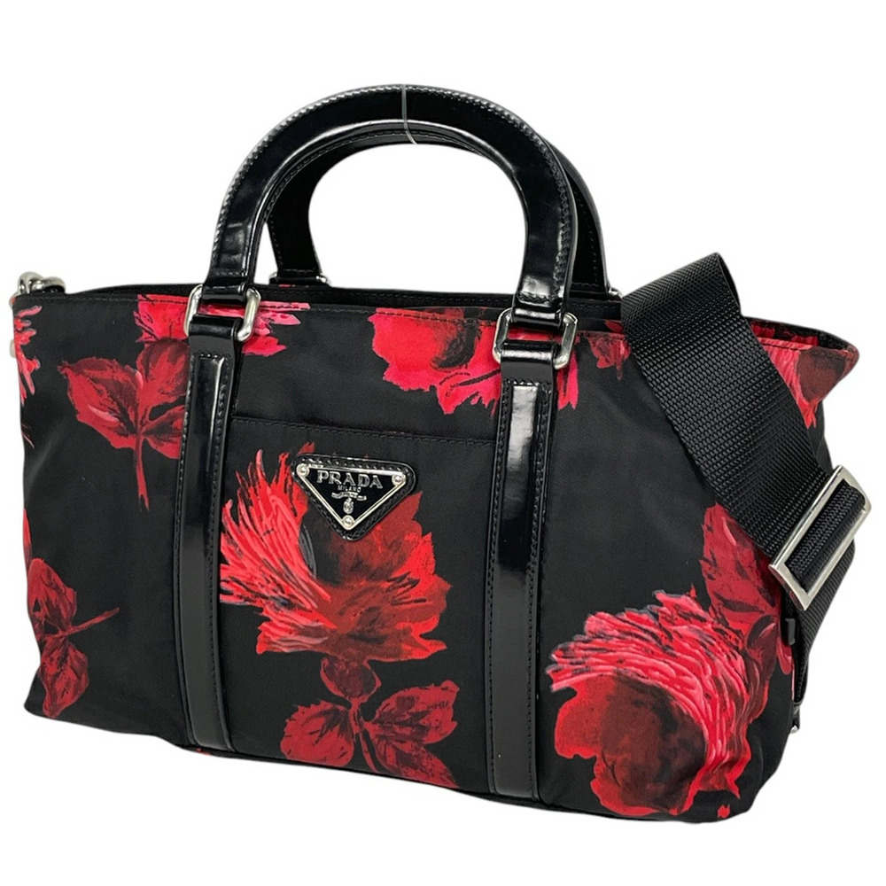Prada Logo Plate Handbag Rose Pink Flower Shoulder Bag Nero Black Red